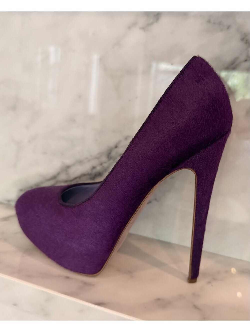 Brian Atwood Bergdorf Goodman Purple Pony Hair Platform Pumps Size 38 US 8